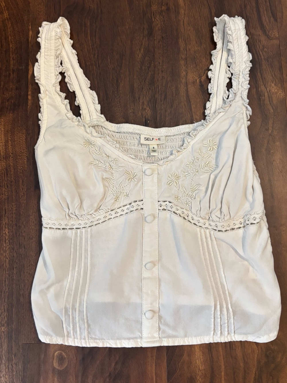 Self Esteem Cream Embroidered Ruffle-Trim Tank Top Crop Top